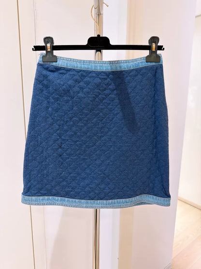 Chanel 20P Rhinestone-Buttoned Diamond Quilted Denim Skirt