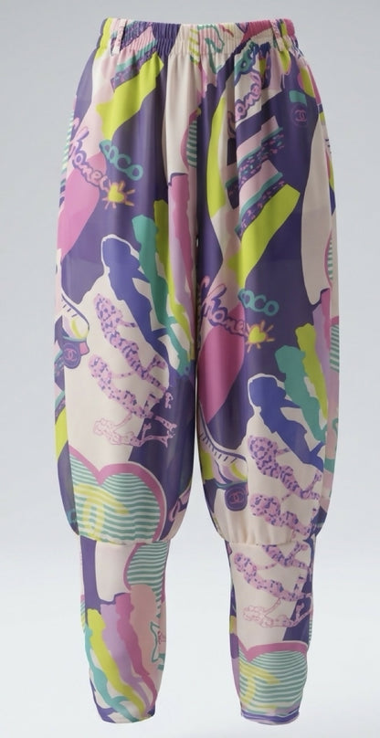 Chanel 24C Runway MultiColor Graffiti Silk Harem Pants FR 34