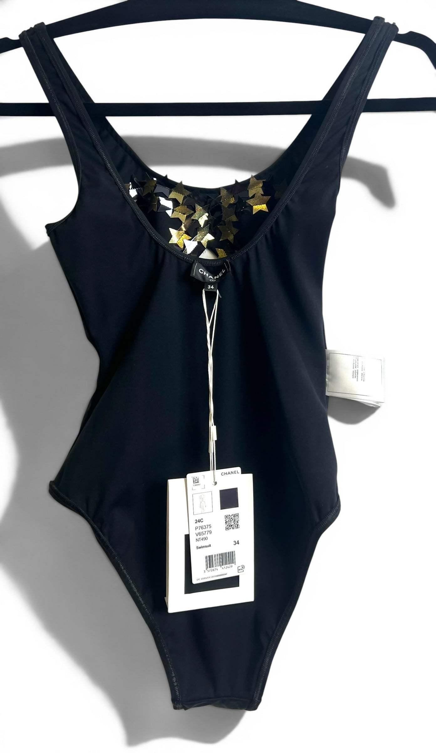 CHANEL 24C RUNWAY NEW TAGS BLACK GOLD STAR APPLIQUÉ SWIMSUIT FR 34