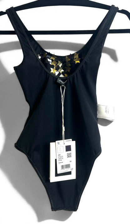 CHANEL 24C RUNWAY NEW TAGS BLACK GOLD STAR APPLIQUÉ SWIMSUIT FR 34