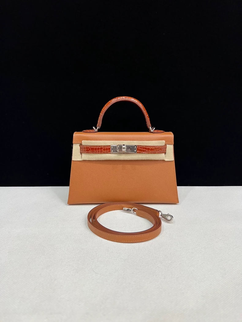 HERMÈS KELLY SELLIER MINI TOUCH GOLD/MIEL MADAM LEATHER/SHINY ALLIGATOR PALLADIUM HARDWARE