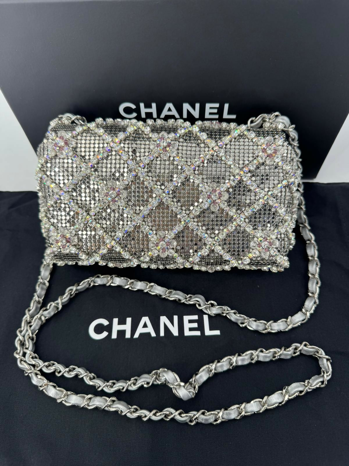 Chanel 2022 Rhinestone Strass & Metal Mini Flap Bag with Silver Tone Hardware