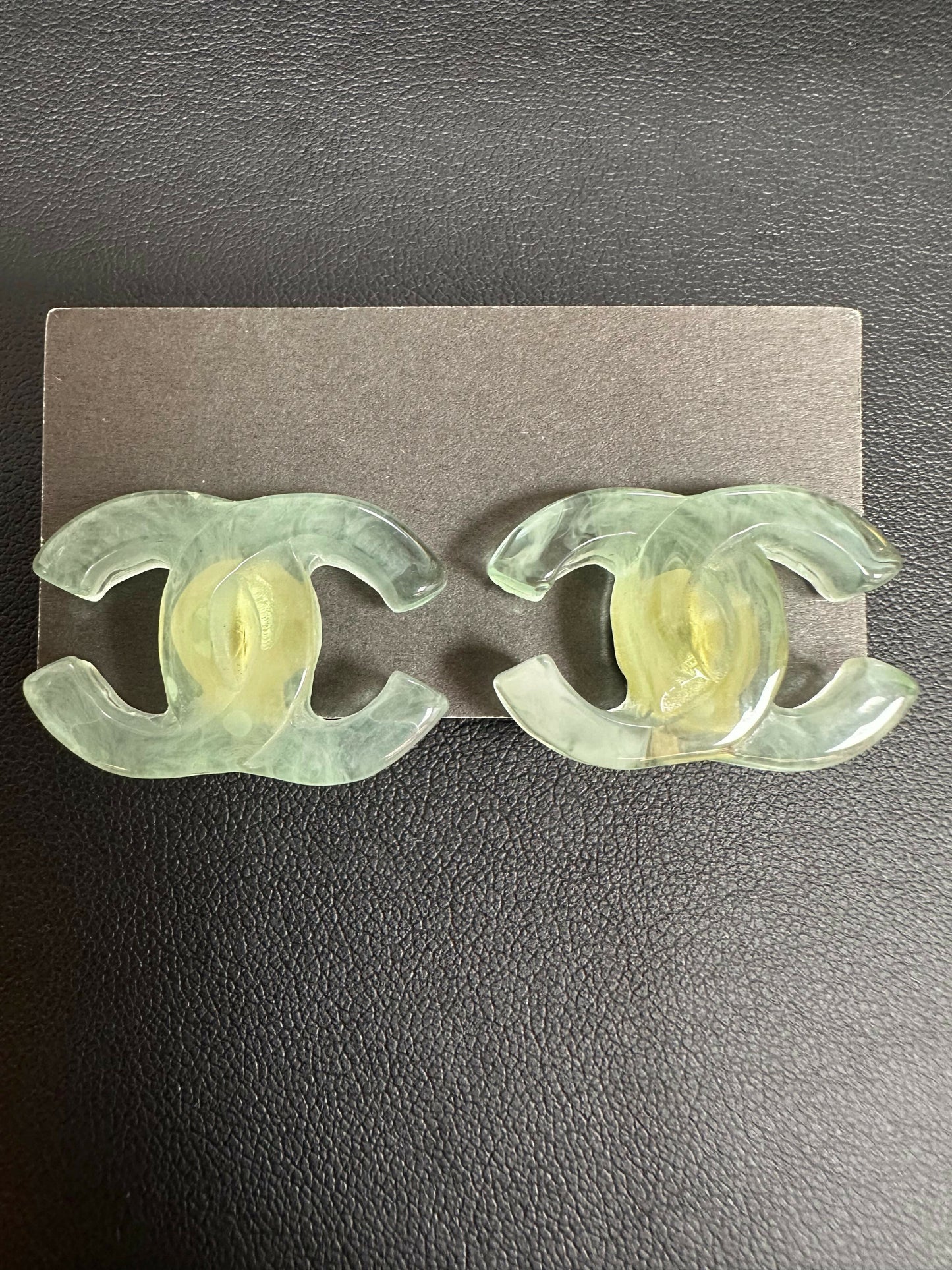 Chanel Vintage 2001 Resin Transparent Green Large CC Clip-on Earrings