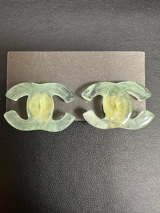 Chanel Vintage 2001 Resin Transparent Green Large CC Clip-on Earrings