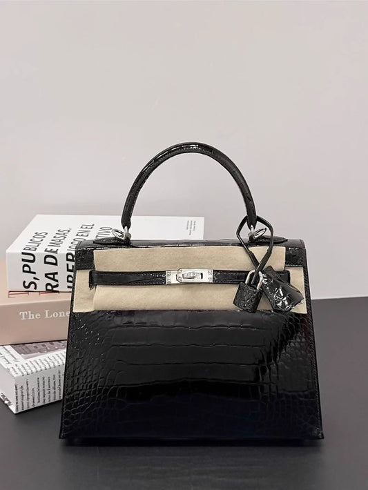 Hermès Kelly 25 black shiny crocodile leather palladium hardware