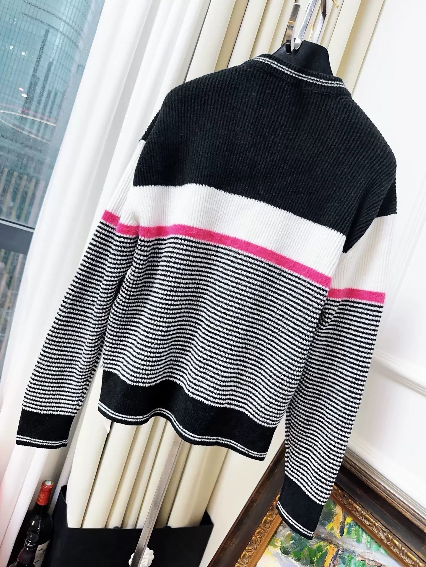 Chanel 22b black, white and pink stripes cardigan