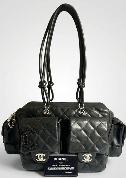 Chanel 2005 Small Cambon Reporter Black Lambskin Handbag SHW