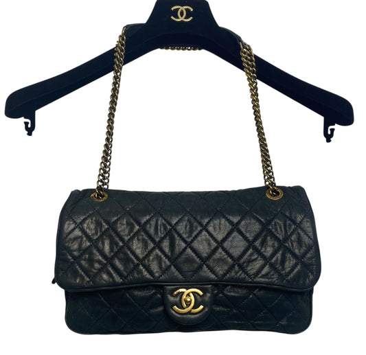 Chanel 2013 Black Quilted Iridescent Calfskin Shiva Jumbo Classic Flap Bag Gold Hardware