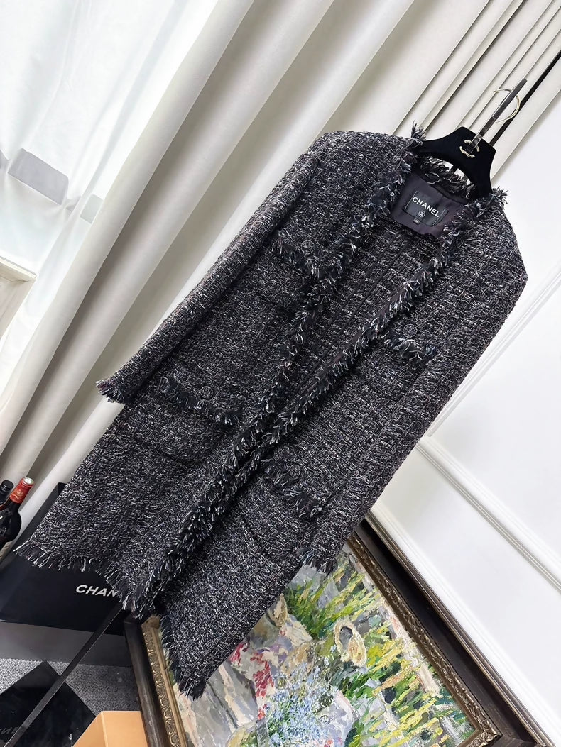 Chanel 19K grey Mixed Color Tweed Fringed Long Coat