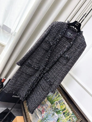 Chanel 19K grey Mixed Color Tweed Fringed Long Coat