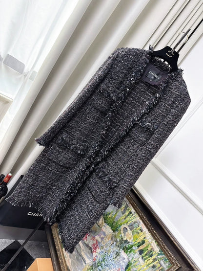 Chanel 19K grey Mixed Color Tweed Fringed Long Coat