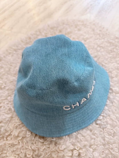 Chanel 22M Sequin Embroidered Logo Denim Bucket Hat