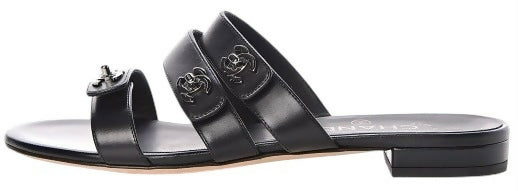 Chanel 2017 Black Calfskin CC Turnlock Mule Sandals EU 38C