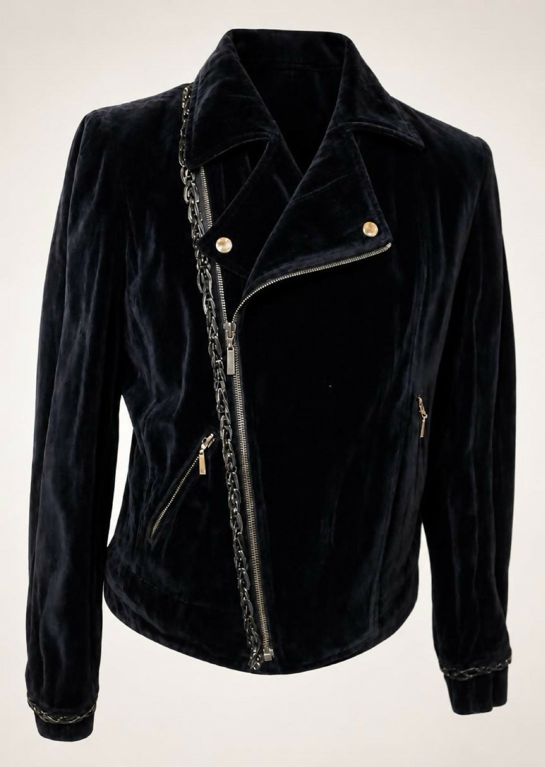 Rare Chanel 06A Runway Black Washed Velvet Bomber Biker Jacket FR 48