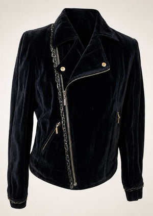 Rare Chanel 06A Runway Black Washed Velvet Bomber Biker Jacket FR 48