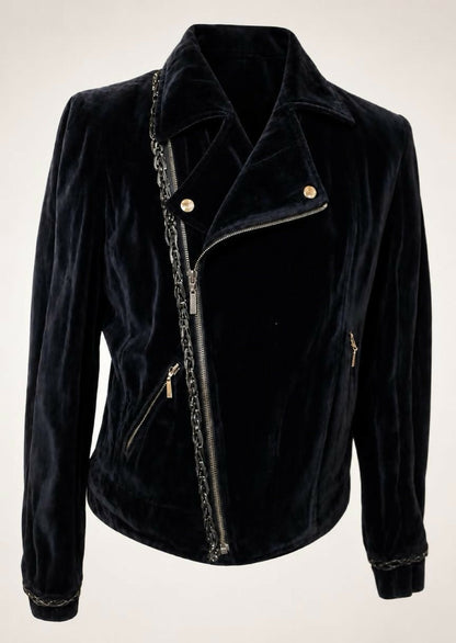 Rare Chanel 06A Runway Black Washed Velvet Bomber Biker Jacket FR 48