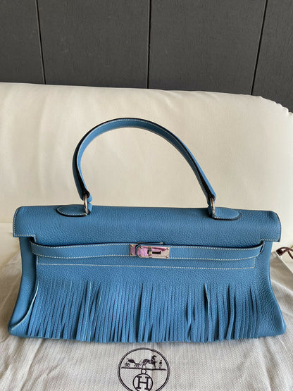 Hermes Vintage Kelly shoulder fringe in denim blue