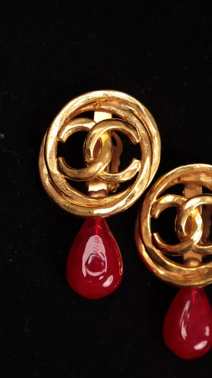 Chanel 1991 Gold CC Red Glass Pendant Earrings