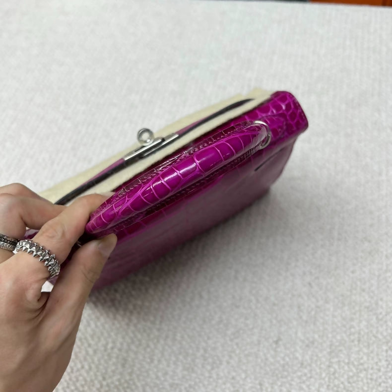Hermes Kelly 25 L3 rose pourpre shiny crocodile leather palladium hardware