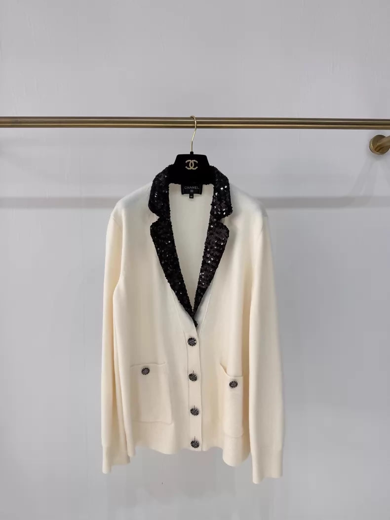 Chanel 23C ecru black sequined cardigan