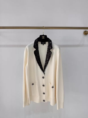Chanel 23C ecru black sequined cardigan