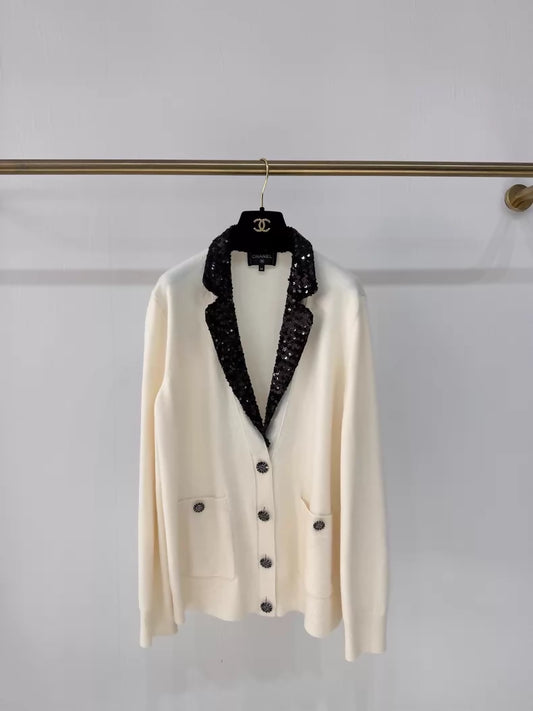 Chanel 23C ecru black sequined cardigan