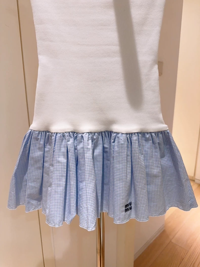 Miu Miu white and blue patchwork logo embroidered strapless dress