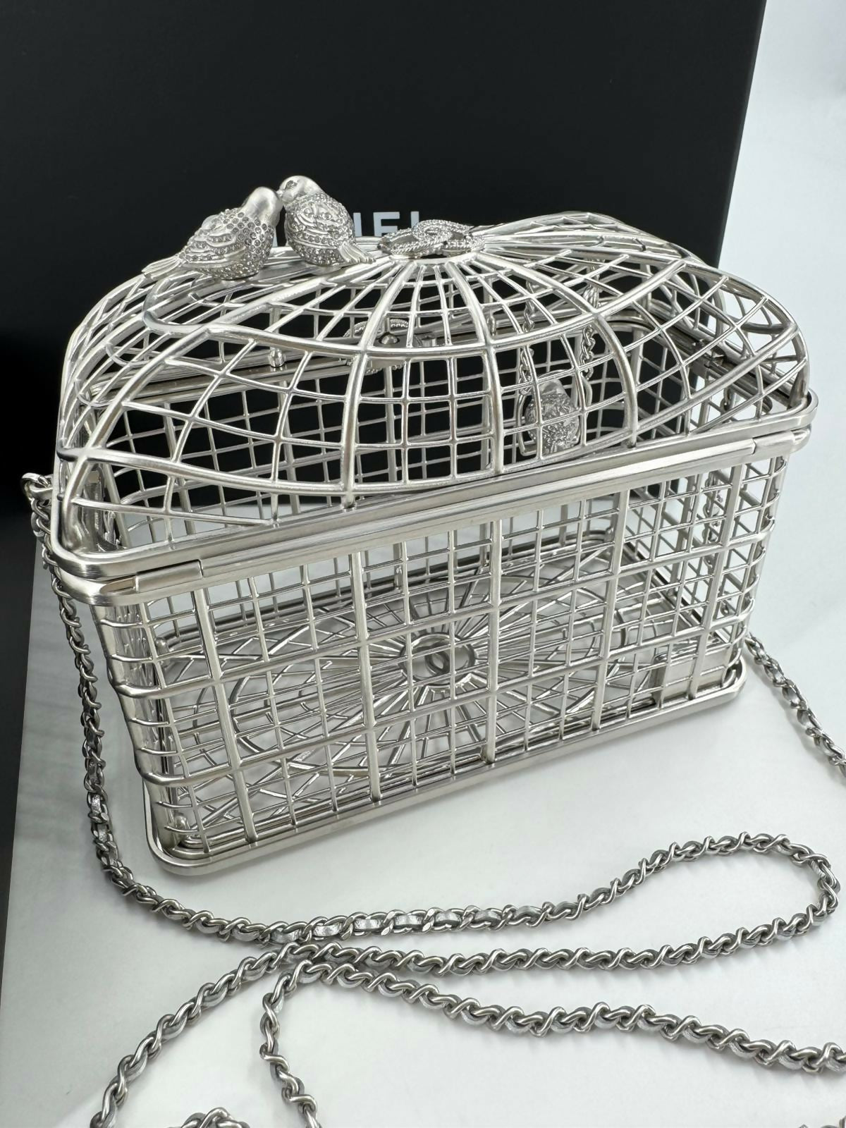 Chanel 2025 Rhinestone and Metal Embellishments Sliver Birdcage Minaudière Bag