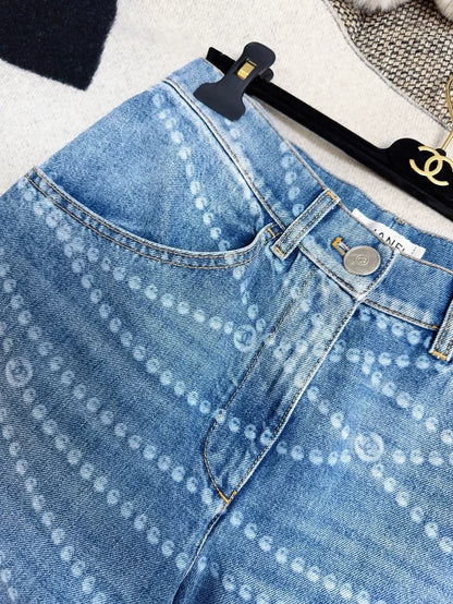 Chanel 25p blue wide leg jeans with pearl chain print logo