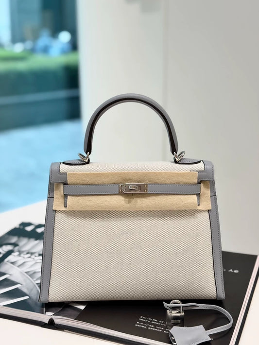 Hermes Kelly 25 toile & grey swift leather palladium hardware