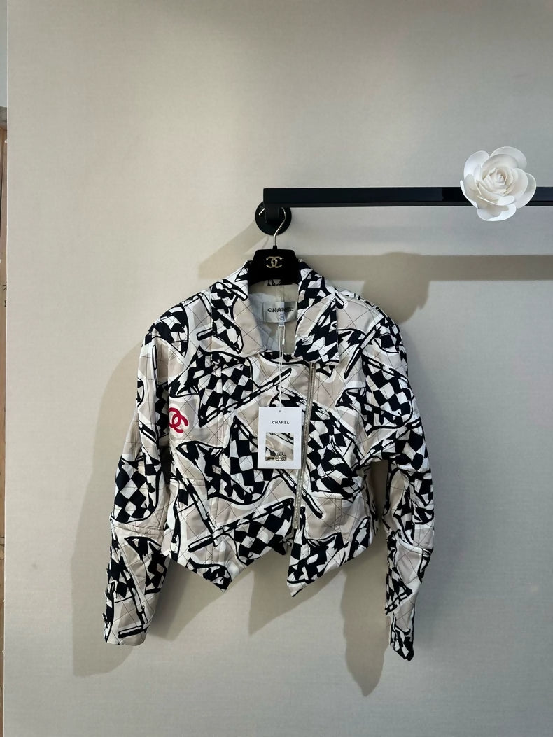 Chanel 23P black and white checkered silk jacket