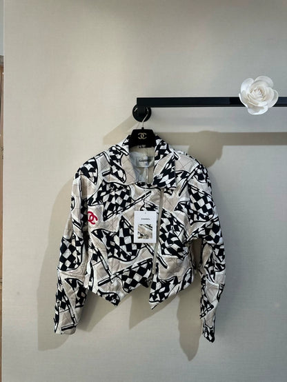Chanel 23P black and white checkered silk jacket
