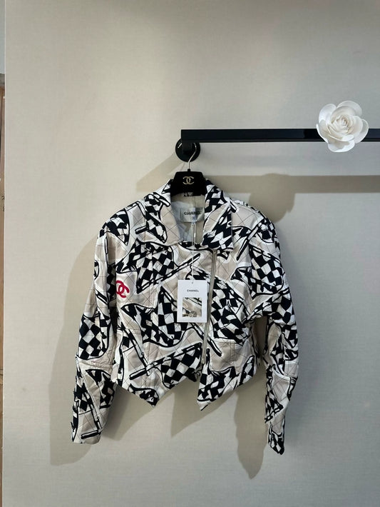 Chanel 23P black and white checkered silk jacket