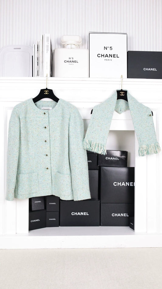 Chanel 2001 Fall/Winter Mint Green Tweed Scarf & cardigan