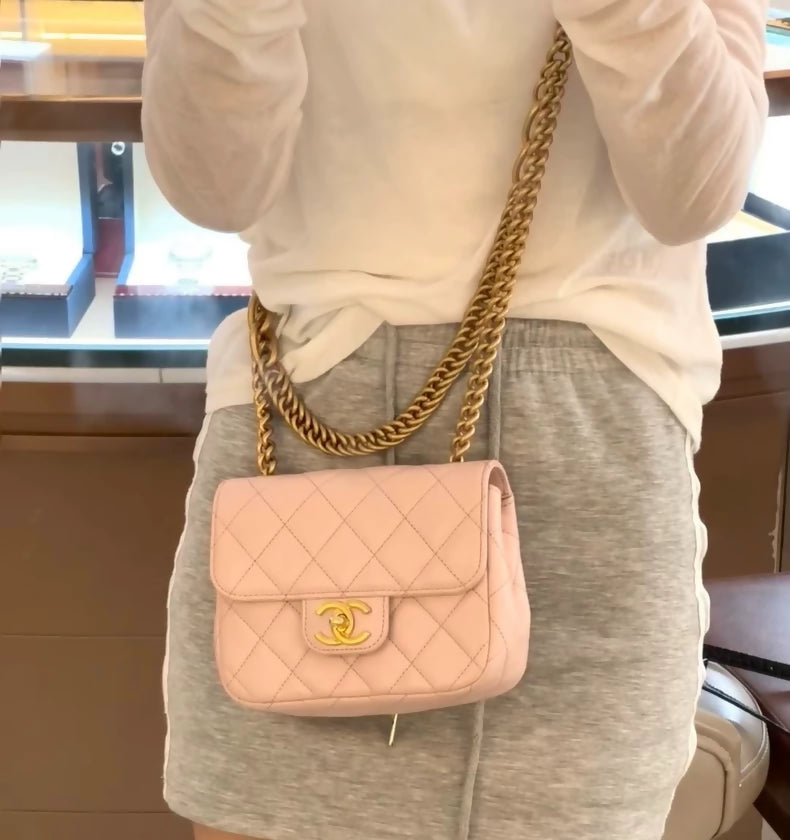 Chanel 23s double chain pink gold quilted leather gold hardware shoulder bag