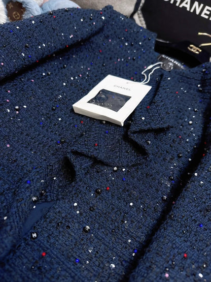 Chanel 20C Embroidered Ruffled Navy Blue Coat