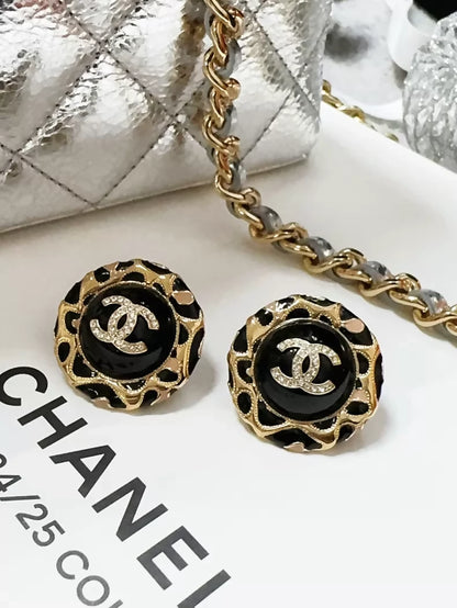 Chanel 22P classic black enamel vintage double C gold logo button round rhinestone stud earrings