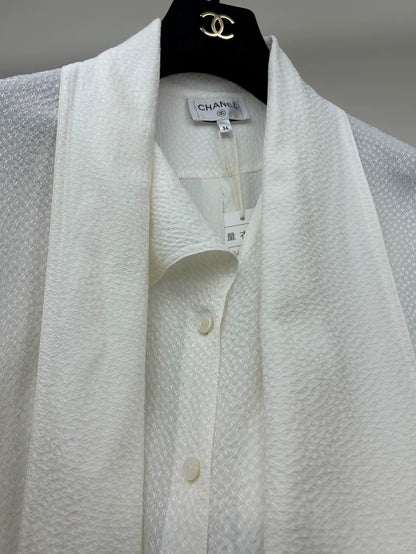 Chanel 26P off-white Double C Print Silk Ribbon Shirt