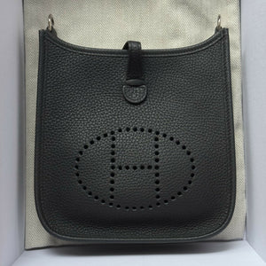 Hermès Mini Evelyne (TPM 16) Noir Clemence Leather with Palladium Hardware and Tonal Canvas Strap