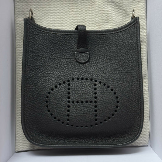 Hermès Mini Evelyne (TPM 16) Noir Clemence Leather with Palladium Hardware and Tonal Canvas Strap