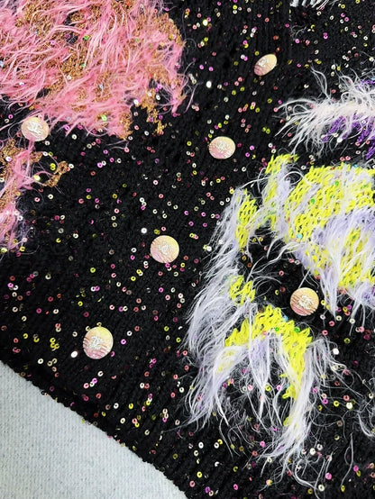 Chanel 24C Black Ostrich Feather Colorful Sequin Cardigan