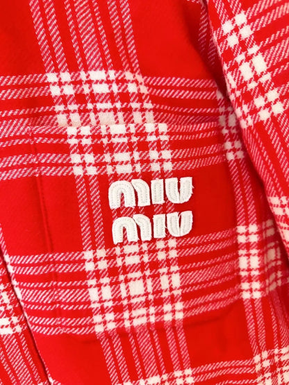 Miu Miu red and white checkered embroidered logo shirt collar down jacket