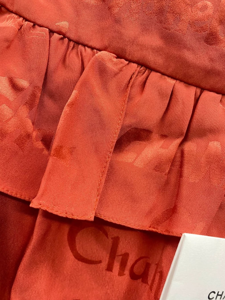 Chanel 22P Rose Red Silk Ruffled All-Logo Midi Skirt