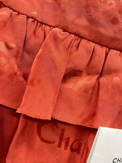 Chanel 22P Rose Red Silk Ruffled All-Logo Midi Skirt