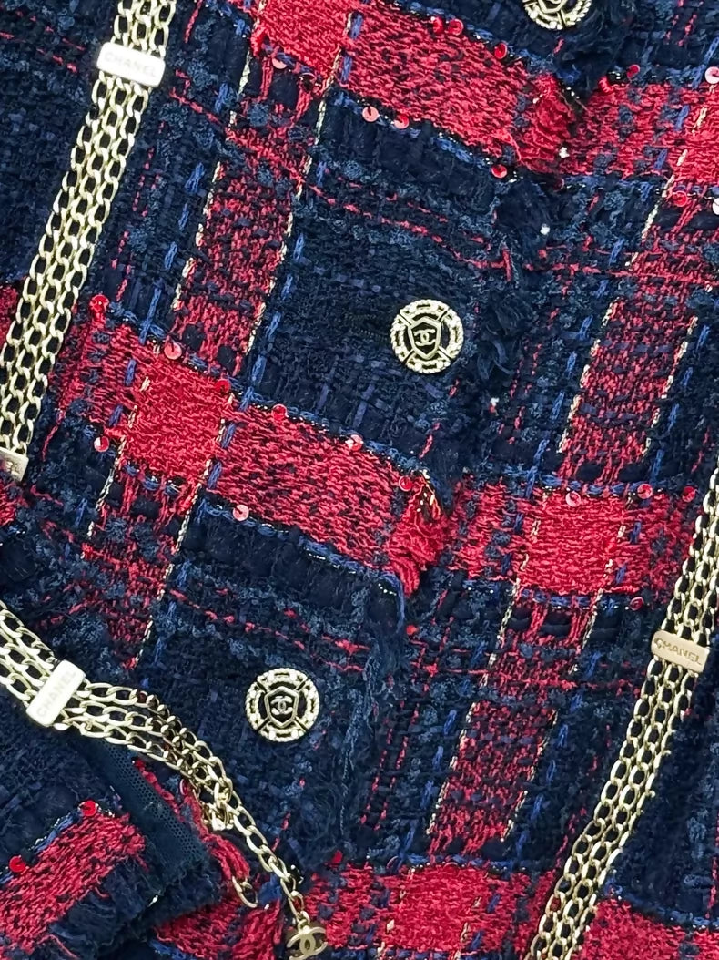 Chanel 08S blue and red tweed jacket with gold chain
