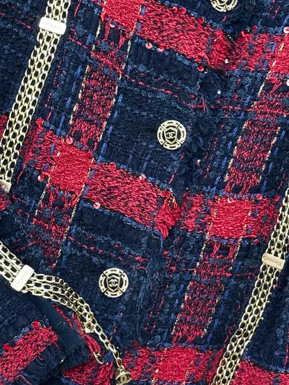 Chanel 08S blue and red tweed jacket with gold chain