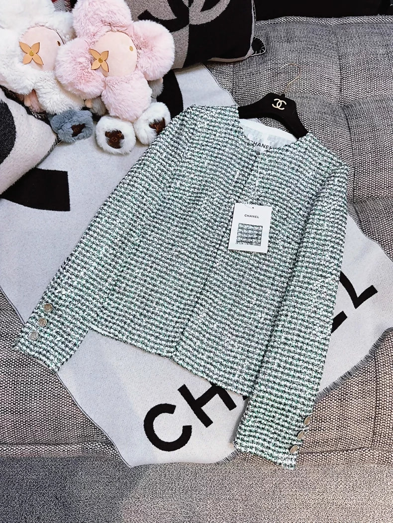 Chanel 23P silver and green sequined tweed jacket