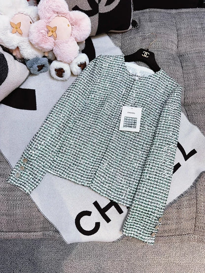 Chanel 23P silver and green sequined tweed jacket