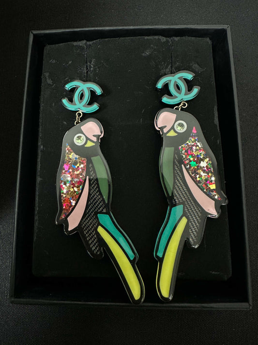 Chanel 2017 Rhinestone & Resin Glitter Parrot CC Earrings