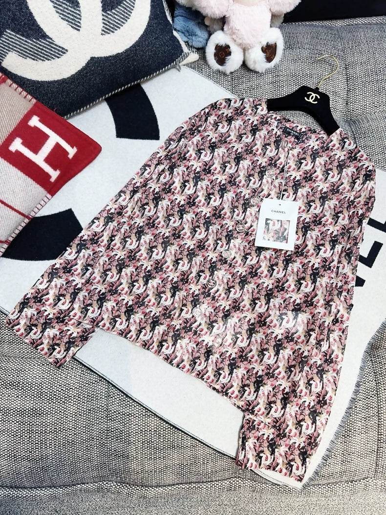 Chanel 23A Pink Flower Printed Silk Shirt